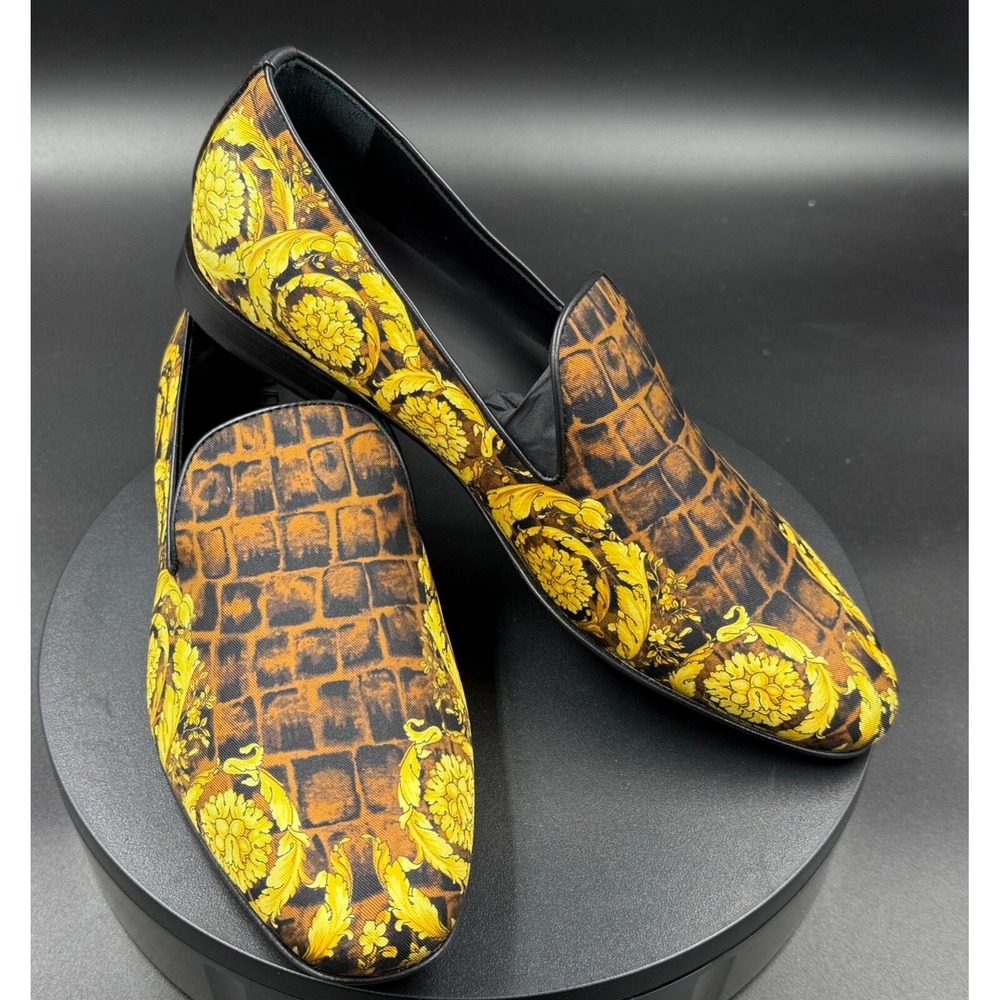 Versace Barocco Print Men's Slippers Caramel Black Gold Round Toe, sz 42